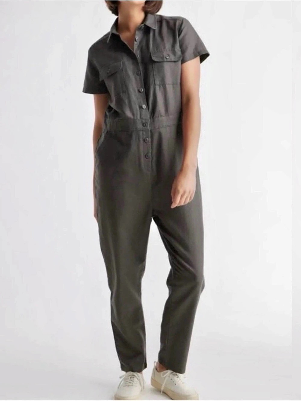 Quince Cotton Linen Twill Short Sleeve Coverall Jumpsuit in Gray